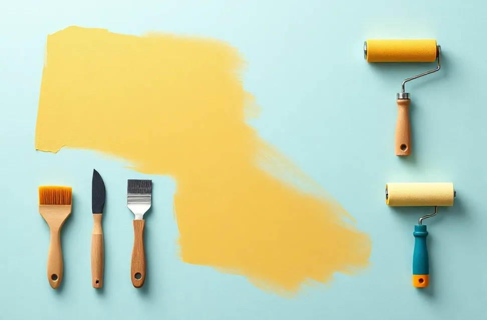 Outils de peinture disposés dans l'ordre des étapes du chantier