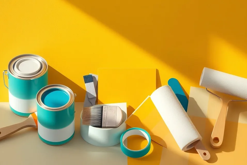 Pots de peinture, nuancier, brosses et rouleaux disposés à plat