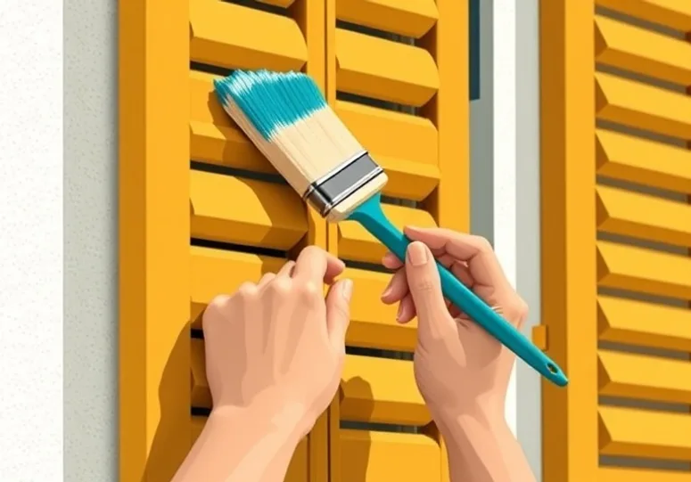 Mise en peinture au pinceau de volets et d'encadrements en bois