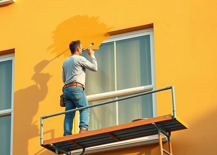 Peintre sur échafaudage traitant la façade d'une maison