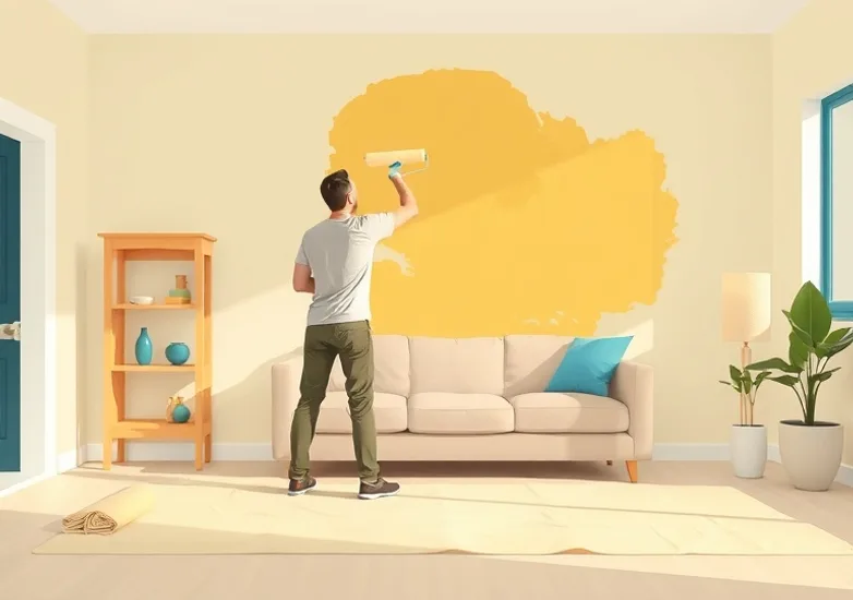 Peintre appliquant la peinture au rouleau sur un mur de salon
